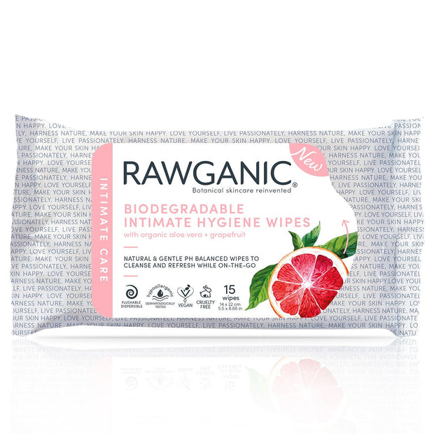 Our pH balanced hypoallergenic intimate hygiene wipes can be flushed down the toilet. With natural extracts of grapefruit and aloe vera, 100% biodegradable intimate hygiene wipes