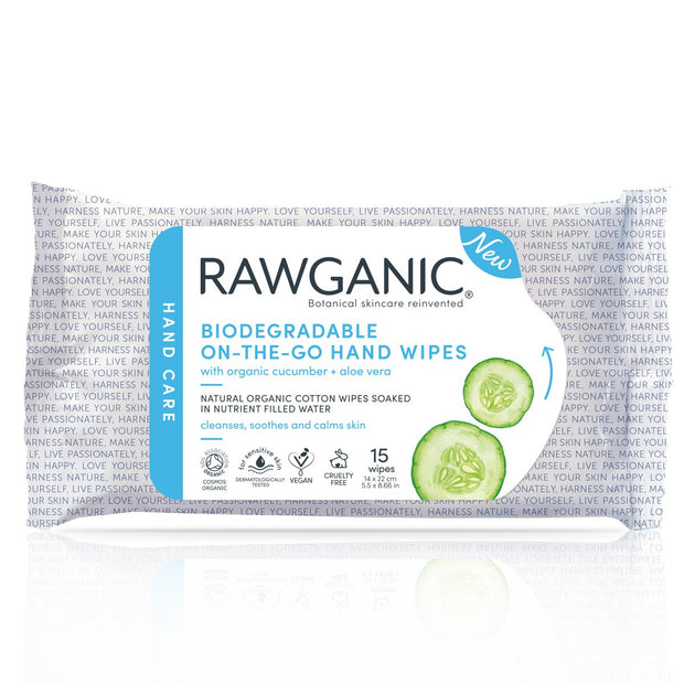 Our 100% biodegradable organic cotton hand wipes, soaked in water with cucumber and aloe vera extracts, will gently cleanse and care for your hands while on-the-go. Great for travel, when there's no water  available